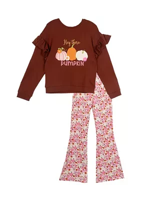 Girls 7-16 French Terry Pumpkin Appliqué Top and Printed Pants Set