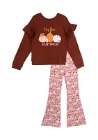 Girls 7-16 French Terry Pumpkin Appliqué Top and Printed Pants Set