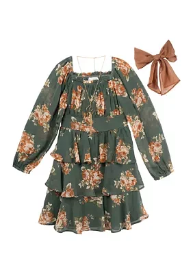 Girls 7-16 Printed Chiffon Tiered Dress with Bow