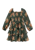 Girls 7-16 Printed Chiffon Tiered Dress with Bow