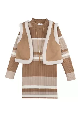 Girls 7-16 Striped Ribbed Knit Dress with Vest Set