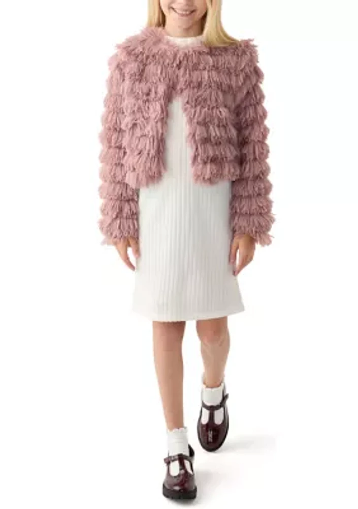 Girls 7-16 Rib Knit Mock Neck Shift Dress with Fringe Faux Fur Jacket