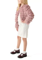 Girls 7-16 Rib Knit Mock Neck Shift Dress with Fringe Faux Fur Jacket