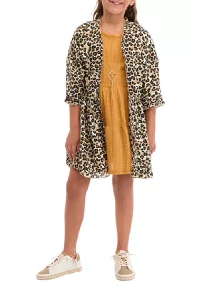 Girls 7-16 Animal Printed Kimono and Woven Dress Set