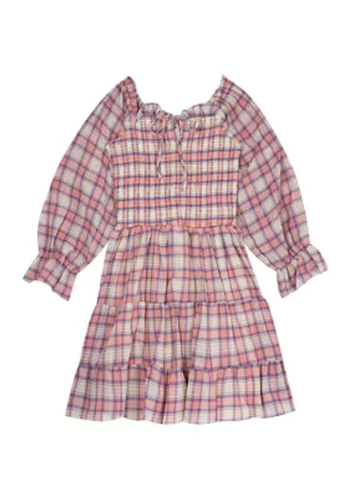 Girls 7-16 Woven Plaid Smocked Bodice Baby Doll Dress