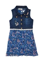 Girls 4-6x 2 Piece Pleated Printed Lurex Chiffon Dress and Denim Vest