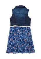 Girls 4-6x 2 Piece Pleated Printed Lurex Chiffon Dress and Denim Vest