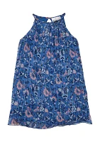 Girls 4-6x 2 Piece Pleated Printed Lurex Chiffon Dress and Denim Vest