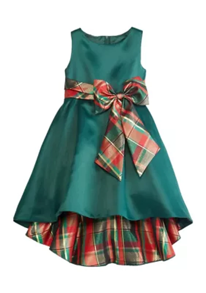 Girls 4-6x Satin Dress with High Low Skirt and Plaid Bow