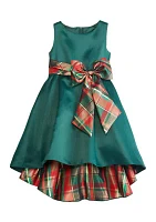 Girls 4-6x Satin Dress with High Low Skirt and Plaid Bow