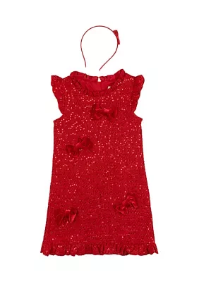 Girls 4-6x Sequin Ruffle Tweed Dress with Headband