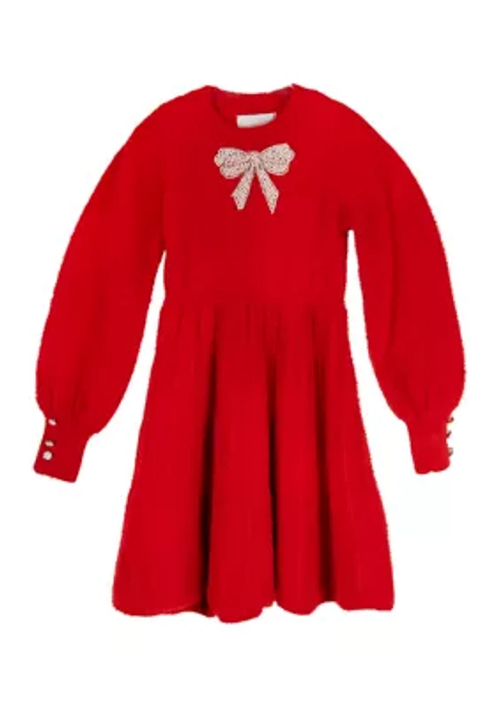 Girls 4-6x Fuzzy Sweater Dress with Bow Pearl Appliqué