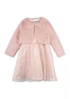 Girls 4-6x Foil Stars Dress with Matching Fur Jacket