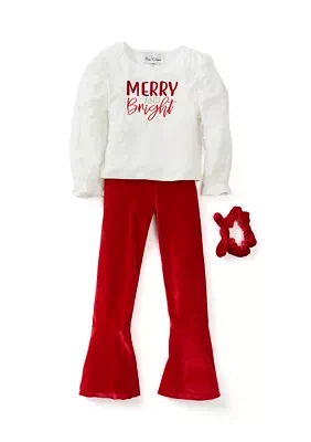 Girls 4-6x Rib Knit Merry and Bright Top with Velvet Pants Scrunchie