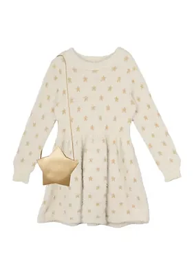 Girls 4-6x Star Sweater Dress with Pleather Bag Set