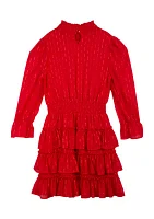 Girls 7-16 Long Sleeve Lurex Chiffon Tiered Dress with Smocking