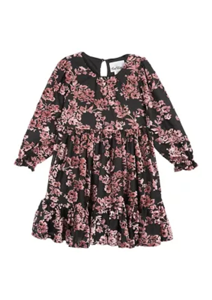 Girls 7-16 Velvet Printed Tiered Dress