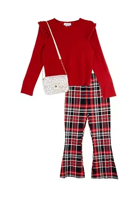 Girls 7-16 Ribbed Knit Top and Printed Flare Pants Set