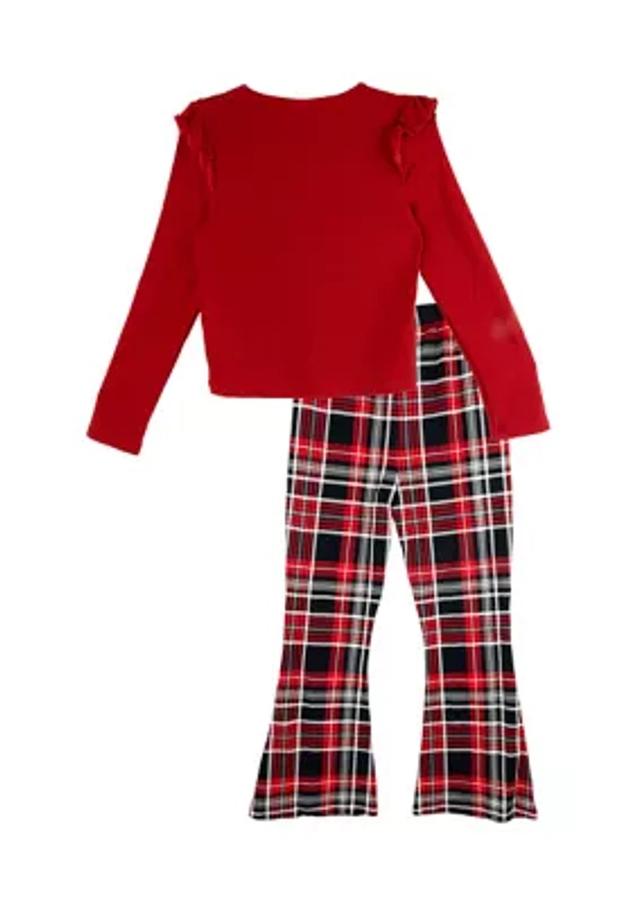 Girls 7-16 Ribbed Knit Top and Printed Flare Pants Set