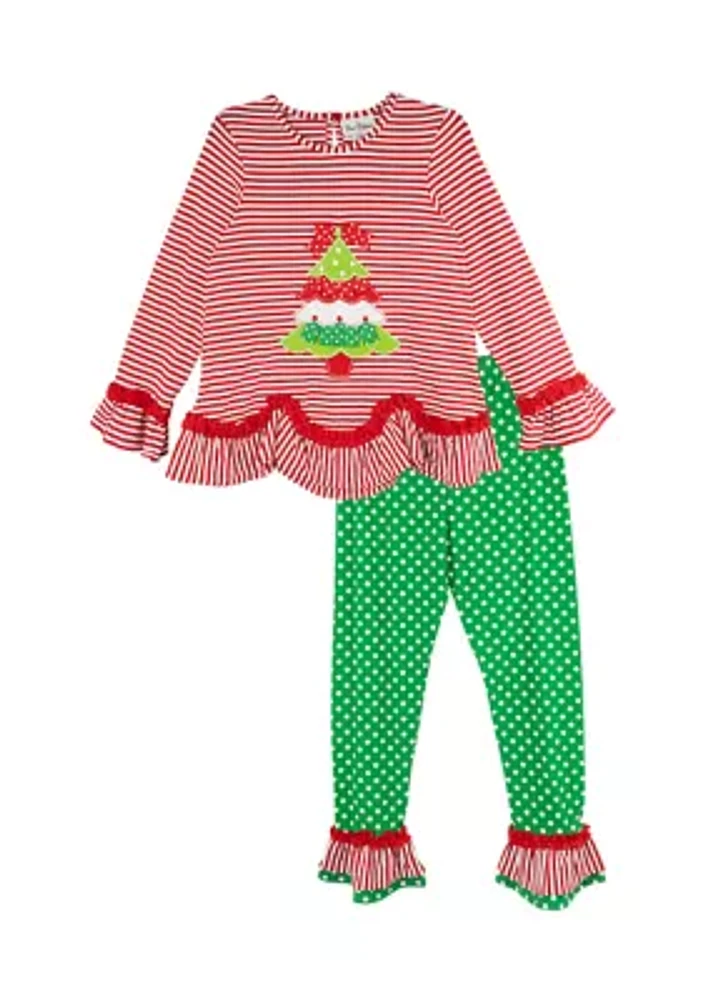 Girls 7-16 Stripe Tree Appliqué Top and Leggings Set