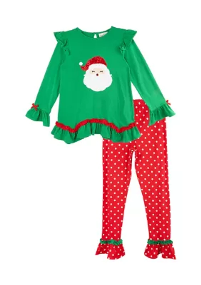 Girls 7-16 Santa Appliqué Knit Top and Printed Leggings Set