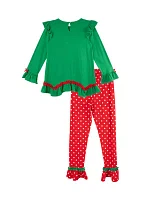 Girls 7-16 Santa Appliqué Knit Top and Printed Leggings Set