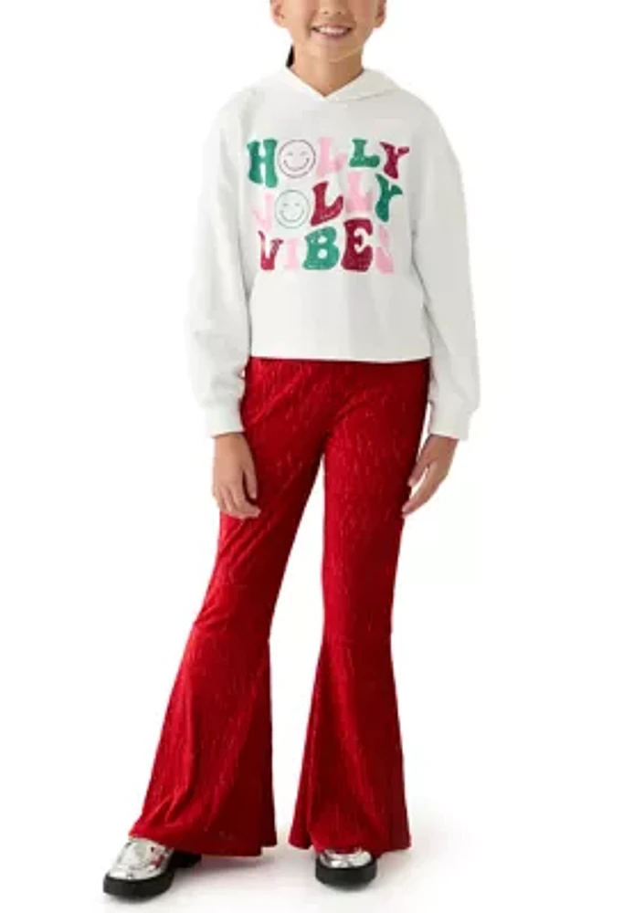 Girls 7-16 2 Piece Graphic Hoodie and Textured Velvet Flare Pants