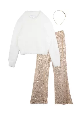 Girls 7-16 Fuzzy Sweater and Sequin Pants with Headband Set