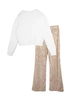 Girls 7-16 Fuzzy Sweater and Sequin Pants with Headband Set