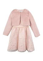 Girls 7-16 Foil Stars Mesh Dress with Fur Jacket