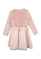 Girls 7-16 Foil Stars Mesh Dress with Fur Jacket