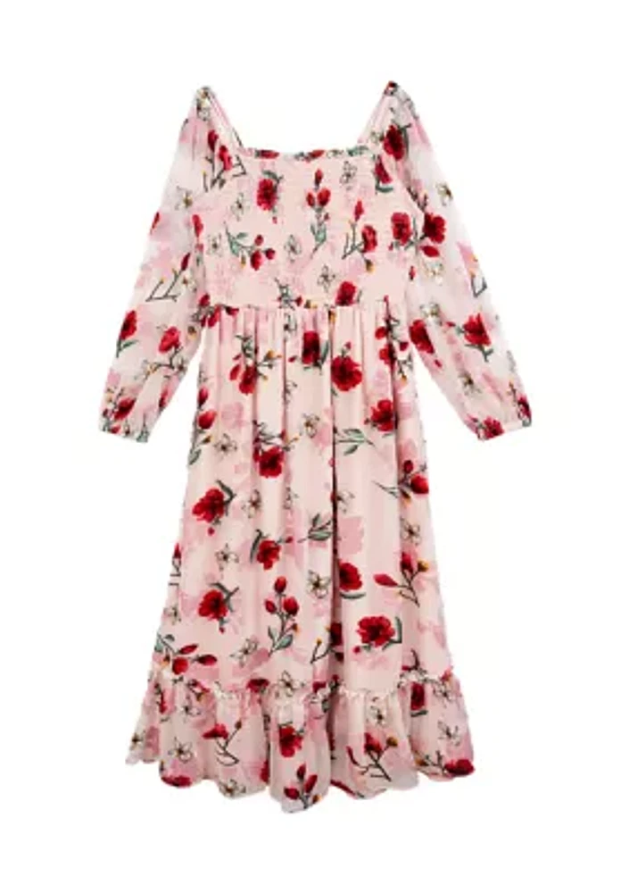 Girls 7-16 Floral Printed Smocked Maxi Dress