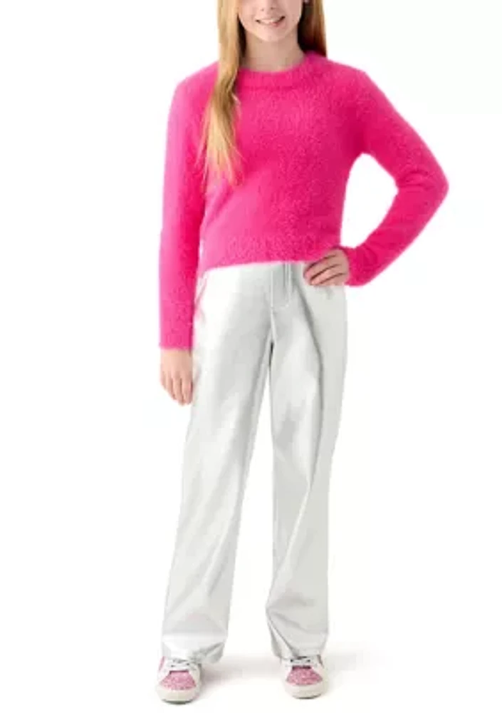 Girls 7-16 Fuzzy Sweater and Metallic Pleather Pants Set