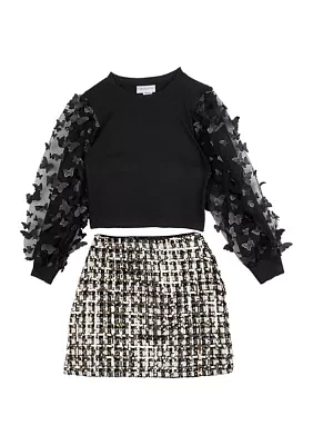 Girls 7-16 Ribbed Knit Top with Mesh Sleeves and Sequin Skirt