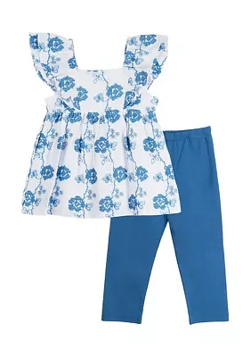 Girls 4-6x Embroidered Woven Top and Knit Capri Pants Set