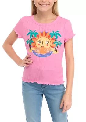 Girls 7-16 Short Sleeve Solid Rib Palms Sunscreen Graphic T-Shirt