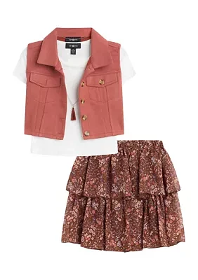 Girls 7-16 Vest and Floral Printed Skirt Set