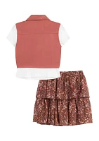 Girls 7-16 Vest and Floral Printed Skirt Set