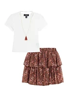 Girls 7-16 Vest and Floral Printed Skirt Set