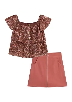 Girls 7-16 Floral Printed Top and Skirt Set