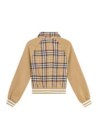 Girls 7-16 Plaid Printed Solid Sleeve Bomber Jacket