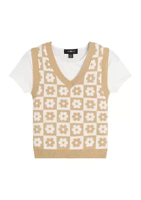 Girls 7-16 Daisy Checkerboard Printed Cable Knit Vest and T-Shirt Set