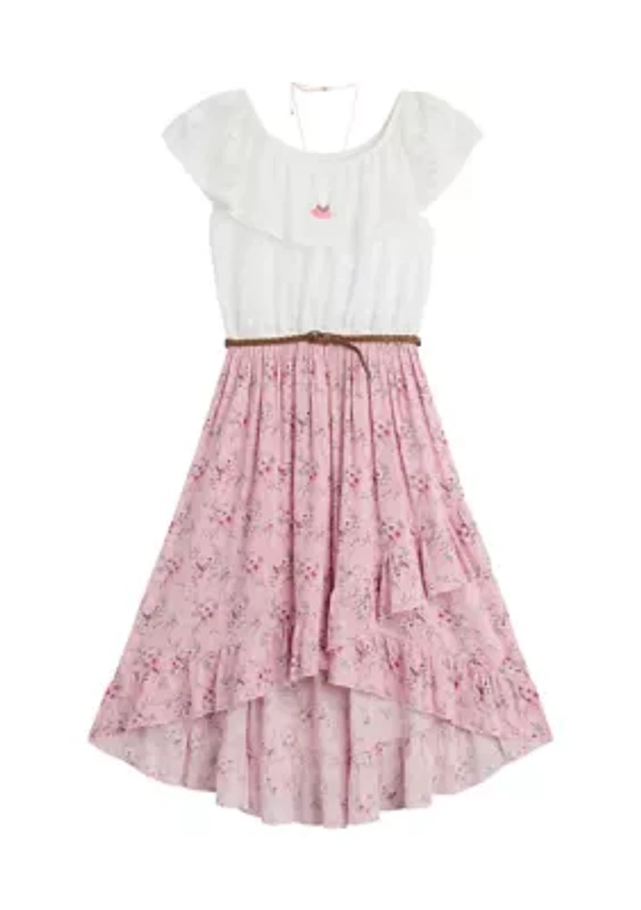 Girls 7-16 Lace to Print High-Low Dress with Necklace