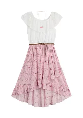 Girls 7-16 Lace to Print High-Low Dress with Necklace