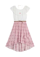 Girls 7-16 Lace to Print High-Low Dress with Necklace