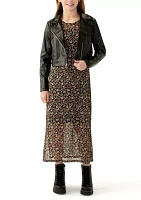 Girls 7-16 Printed Midi Dress with Leather Jacket