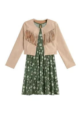 Girls 7-16 Fringe Jacket and Floral Printed Dress Set