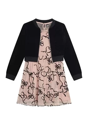 Girls 7-16 Tiered Printed Mesh Dress with Velvet Cardigan