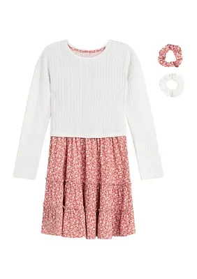 Girls 7-16 Floral Printed Dress with Popover Sweater