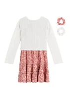 Girls 7-16 Floral Printed Dress with Popover Sweater